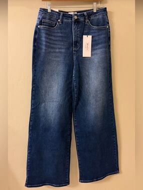 Moco Boutique Wide Leg Dark Blue Jeans with Tummy Control and Faded Finish